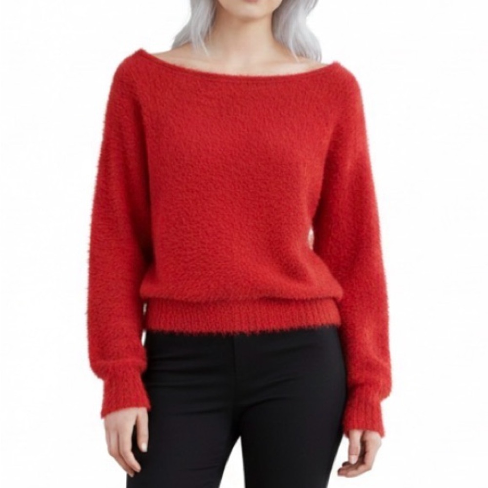 Victoria Secret Red Off the Shoulder Valentines sweater elastic waist Fuzzy L